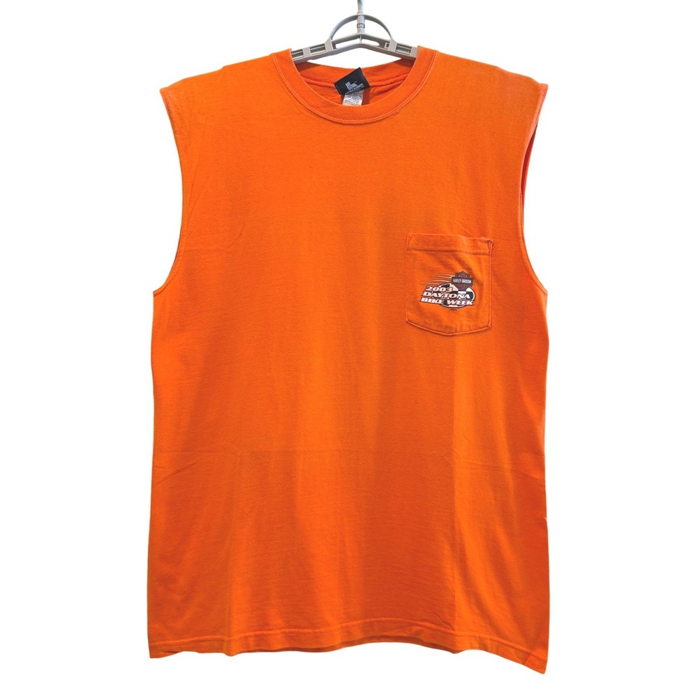 Harley Davidson 2003‎ VTG Daytona Bike Week Orange Pocket Sleeveless T Shirt L